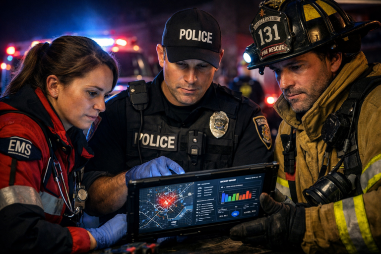 AI for first responders used by law enforcement, EMS, and firefighters analyzing real-time data during an active emergency response