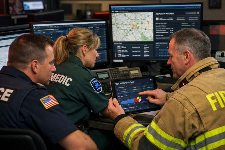 AI CAD RMS integration used by first responders in a real-time public safety command center analyzing dispatch and reporting data