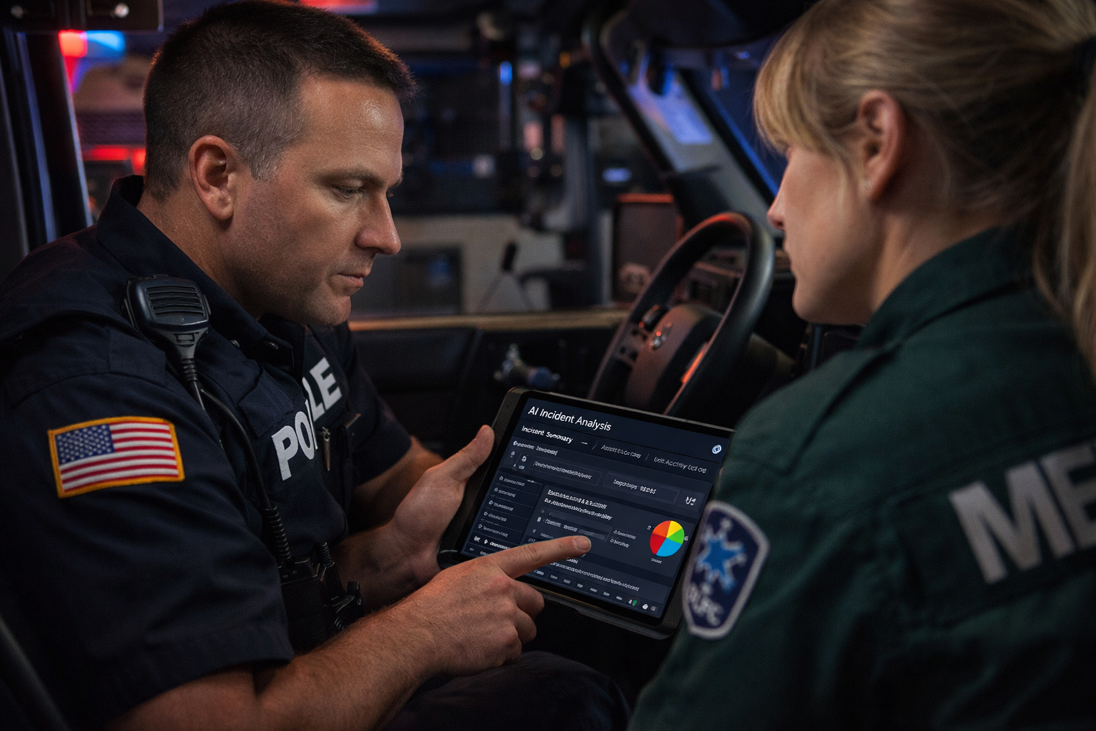 AI for law enforcement and EMS being used securely in a real-world emergency response scenario with controlled data and reporting systems
