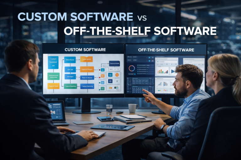 team comparing custom software vs off the shelf software solutions
