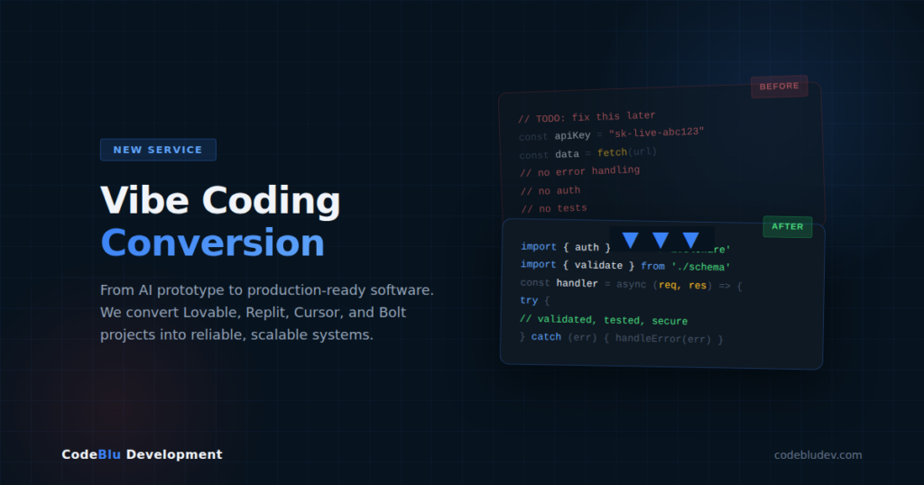Vibe coding conversion service by CodeBlu Development showing before and after code transformation from AI prototype to production-ready software